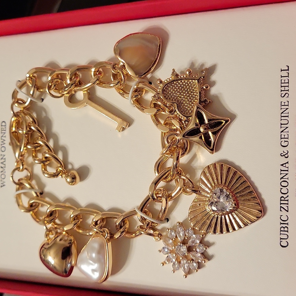 Atterri Gold Charm Bracelet with Cubic Zirconia and Shell Hearts Pearl  Key Bnib